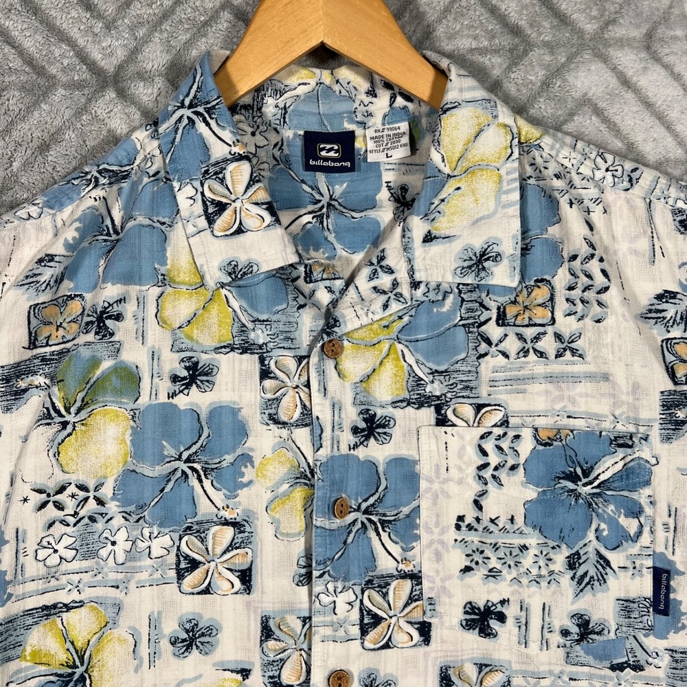 VTG Billabong Shirt Men L Blue Yellow Hawaiian Camp S/S Button Up Beach Surf Y2K